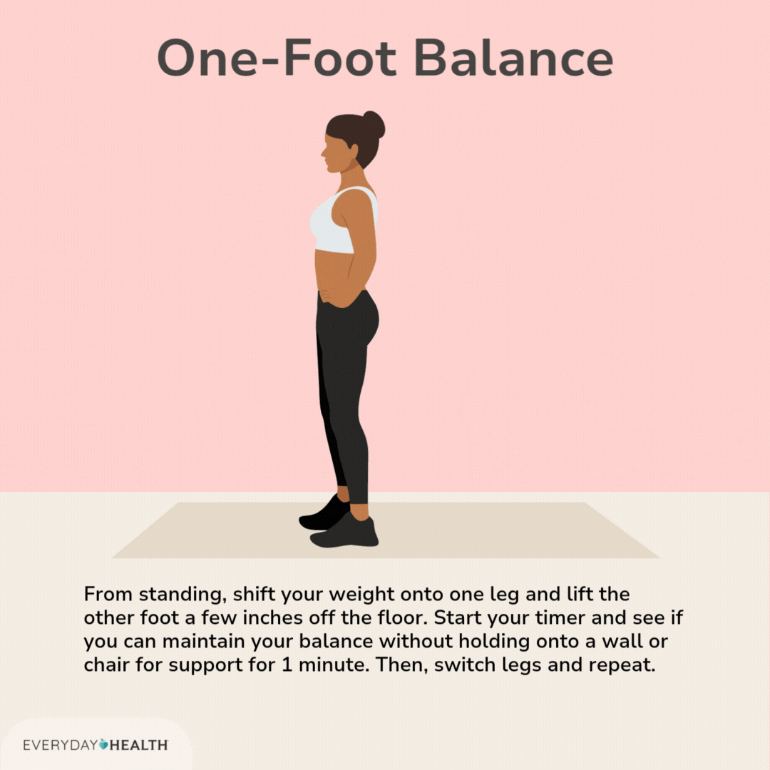 1. One-Foot Balance From standing, shift your weight onto one leg and lift the other foot a few inches off the floor. Start your timer and see if you can maintain your balance without holding onto a wall or chair for support for 1 minute.
