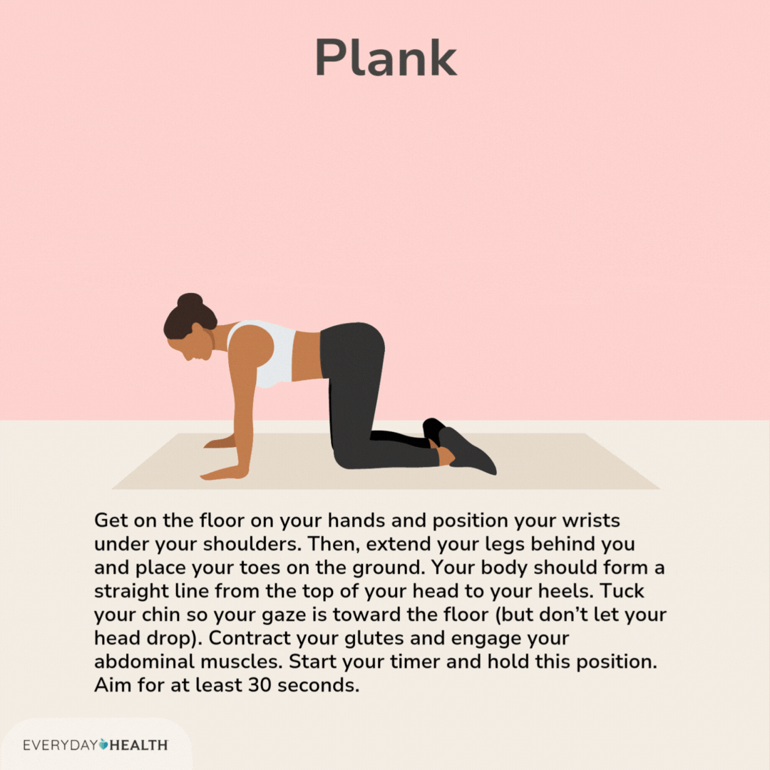 Plank Get on the floor on your hands and position your wrists under your shoulders. Then, extend your legs behind you and place your toes on the ground. Your body should form a straight line from the top of your head to your heels.
