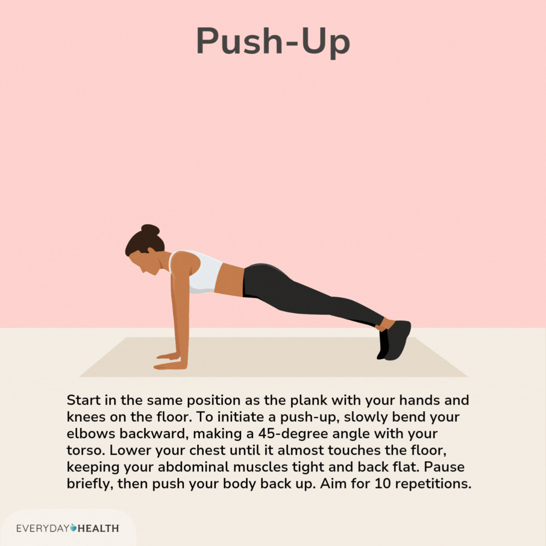 Push-Up  Start in the same position as the plank with your hands and knees on the floor. To initiate a push-up, slowly bend your elbows backward, making a 45-degree angle with your torso. Lower your chest until it almost touches the floor