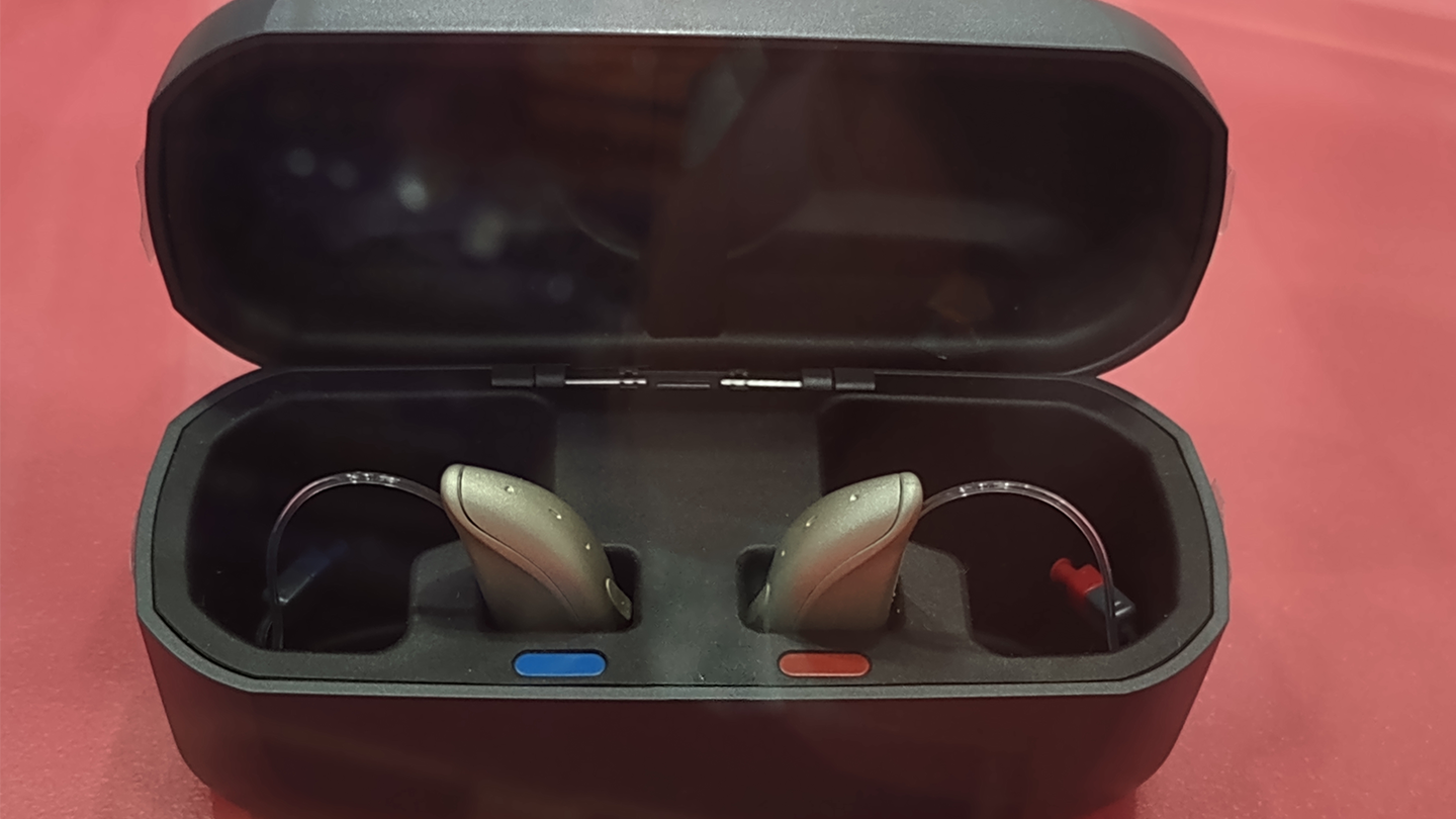 Hearing aids in black charging case
